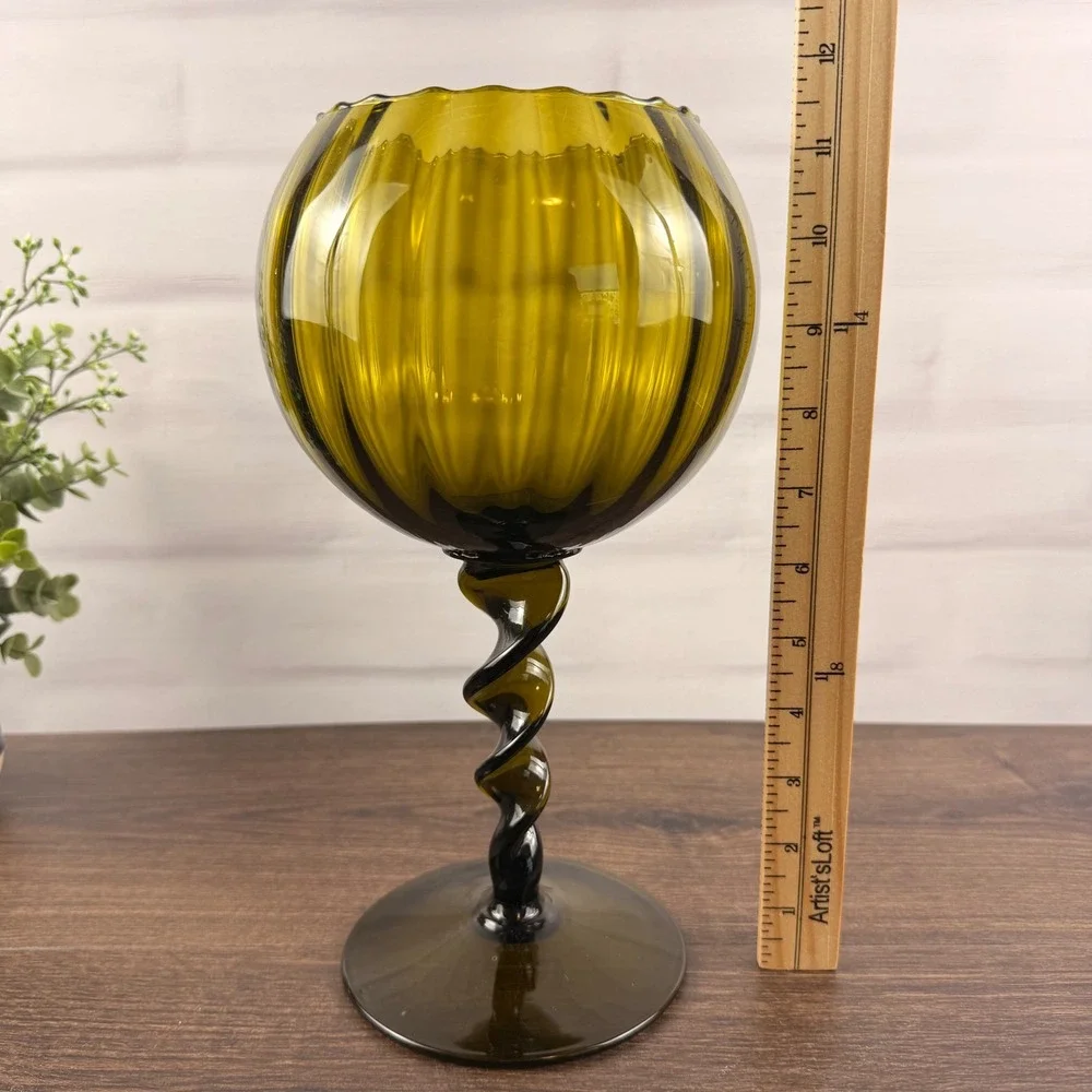 Empoli Italy Olive Green Art Glass Goblet Vase Twisted Stem MCM